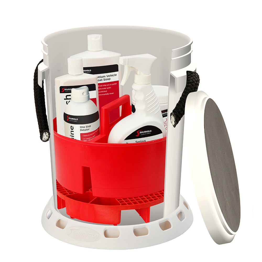 Shurhold 2465 5 Gallon White Bucket Kit - Includes Bucket, Caddy, Grate Seat, Buff Magic, Pro Polish Brite Wash, SMC & Serious Shine