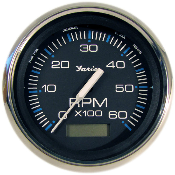 Faria Chesapeake Black 4 Tachometer wHourmeter 6000 RPM Gas