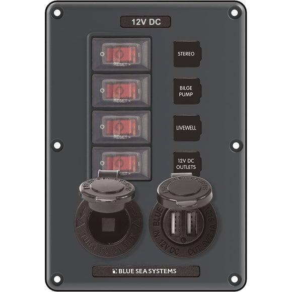 Blue Sea 4321 Panel de interruptores de disyuntor de 4 posiciones - Gris con enchufe de 12 V USB dual [4321]