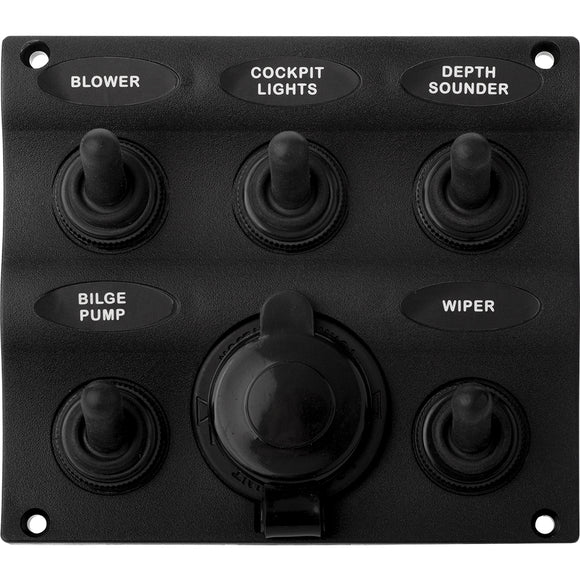 Panel de interruptores de nylon Sea-Dog - Resistente al agua - 5 palancas con toma de corriente [424605-1]