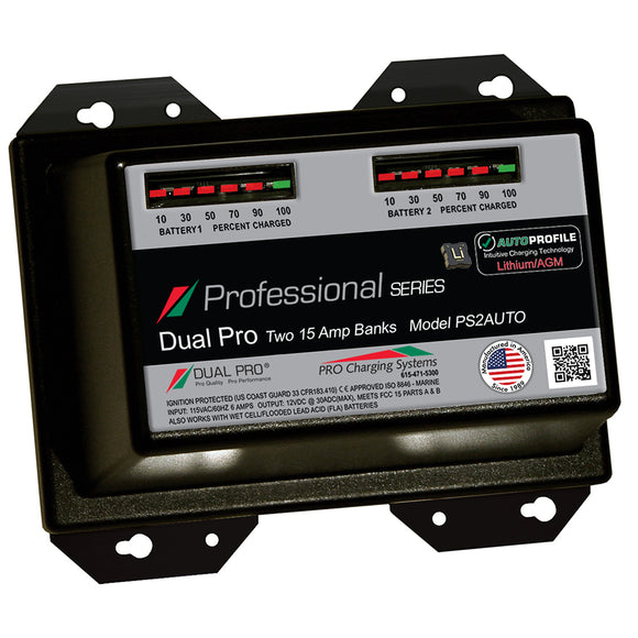 Dual Pro PS2 Auto 15A - Cargador de batería de litio/AGM de 2 bancos [PS2AUTO]