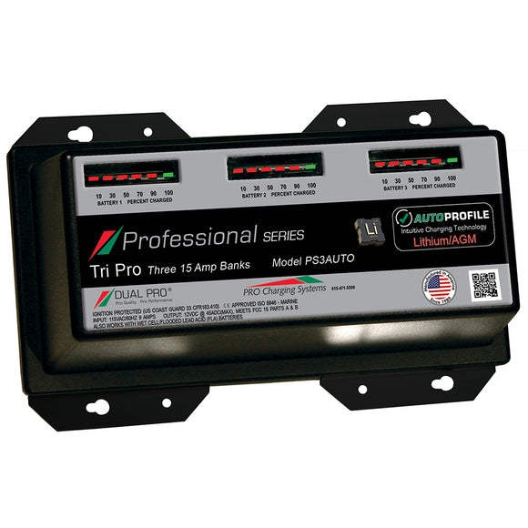 Dual Pro PS3 Auto 15A - Cargador de batería de litio/AGM de 3 bancos [PS3AUTO]