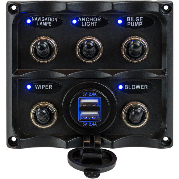 Panel de interruptores de palanca resistente al agua Sea-Dog con toma de corriente USB - 5 palancas [424617-1]