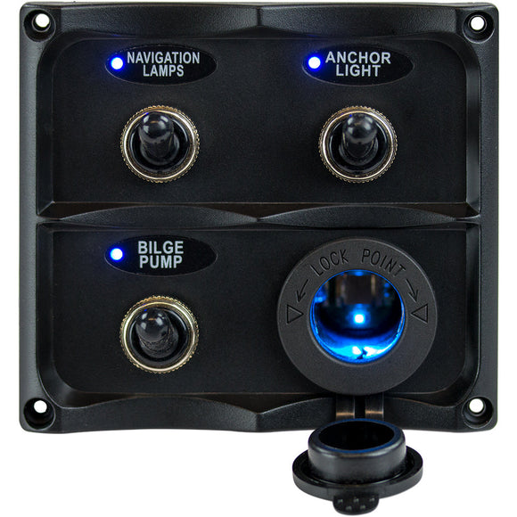Panel de interruptores de palanca resistente al agua Sea-Dog con toma de corriente LED - 3 palancas [424623-1]
