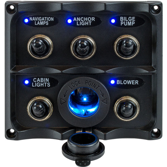 Panel de interruptores de palanca resistente al agua Sea-Dog con toma de corriente LED - 5 palancas [424627-1]